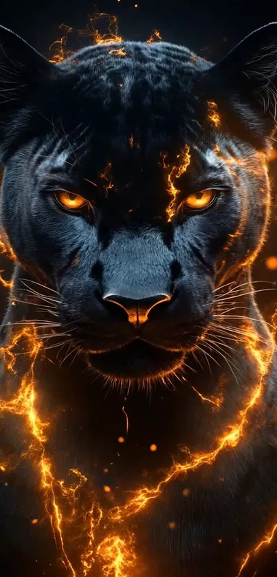 Fiery black panther with orange flames on mobile wallpaper.