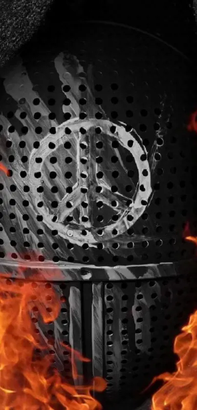 Knight helmet with peace symbol surrounded by flames.