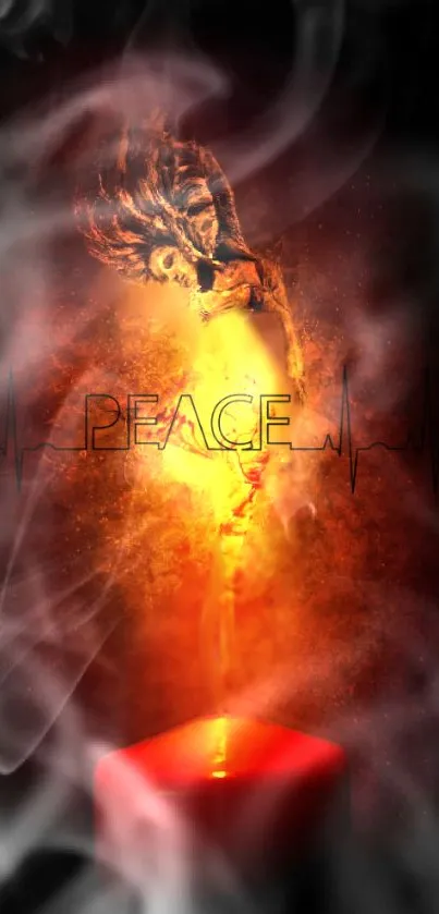 Fiery artwork featuring a burning candle with smoke and peace text.