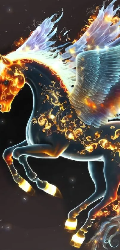 Fiery Pegasus with glowing wings in a dark fantasy setting.