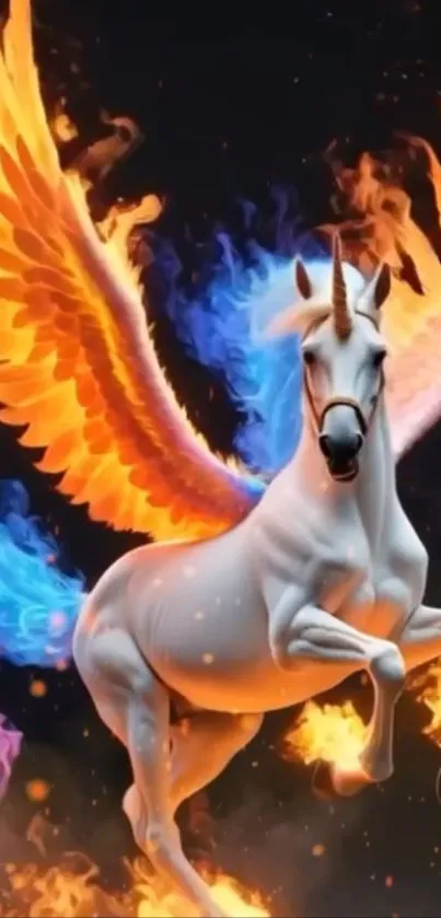 A fiery Pegasus with vibrant flaming wings set against a dark background.