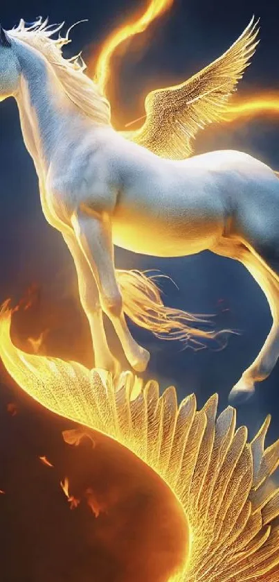 Fantasy Pegasus in golden flames with detailed wings on mobile wallpaper.