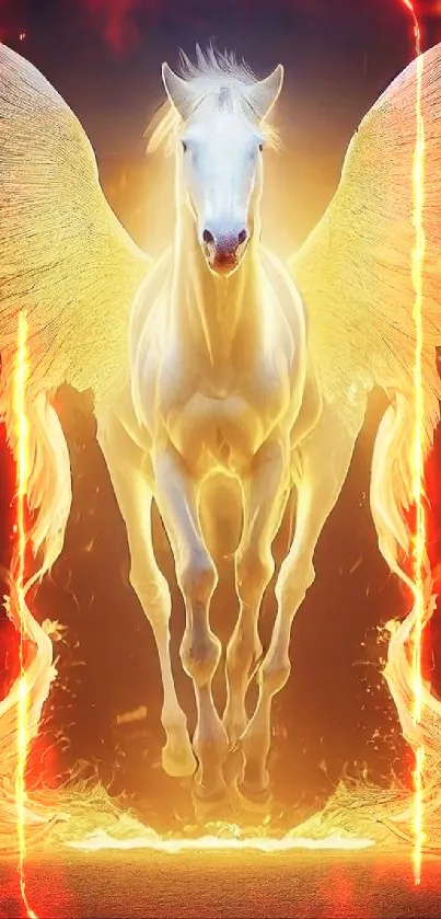 Fiery Pegasus with golden wings emerges from flames, perfect for a mobile wallpaper.