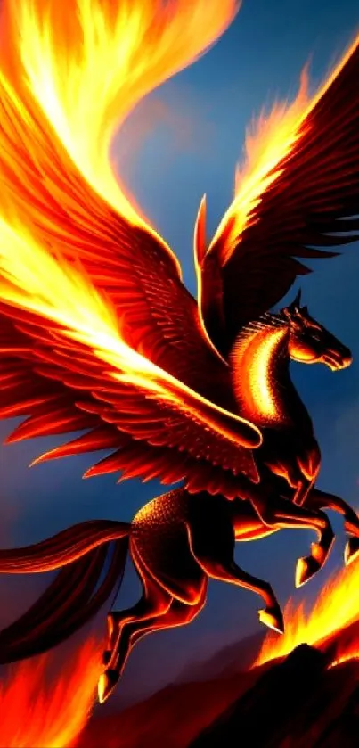 Fiery Pegasus with flaming wings in vibrant wallpaper.