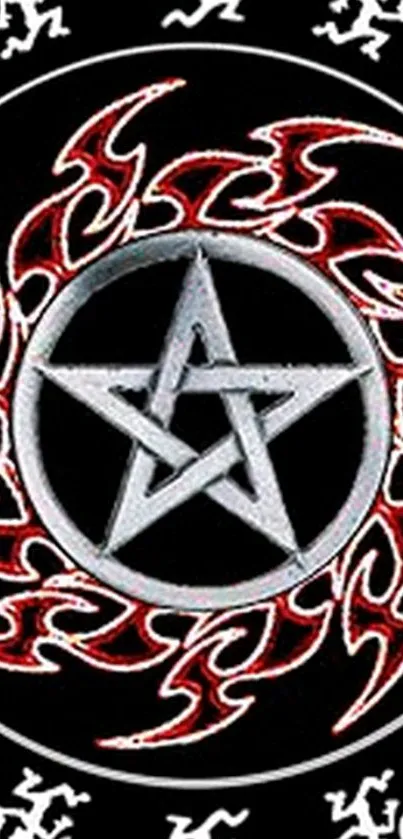 Fiery pentagram with red flames on black background.