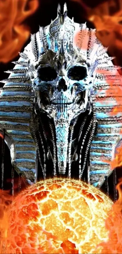 Fiery pharaonic skull design with flames background.