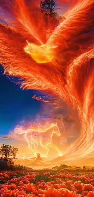 Vibrant fantasy phoenix and horse amidst fiery sky and floral field.