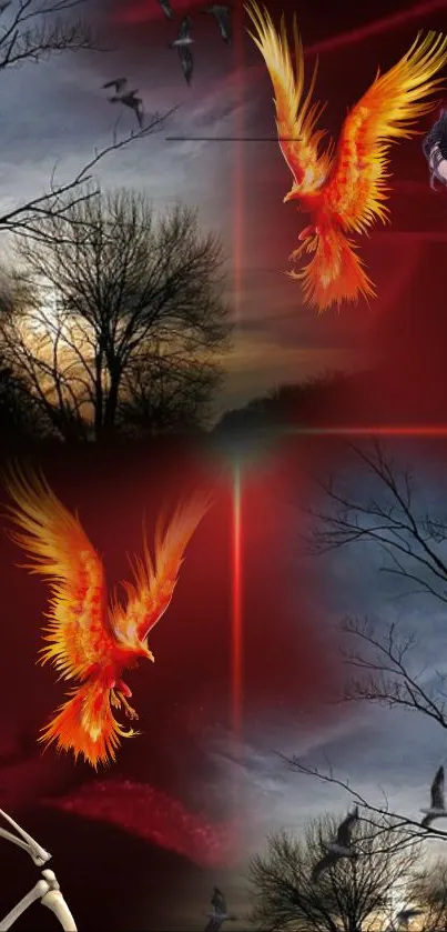 Fiery phoenix and skeleton in surreal artwork with a red background.