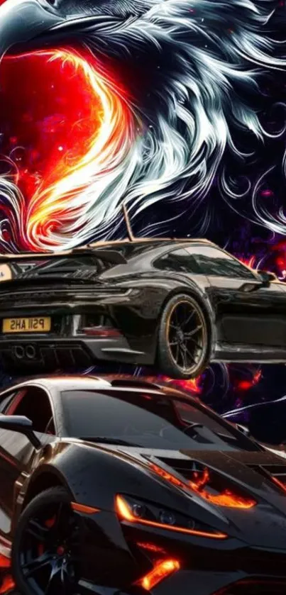 Fiery phoenix with sleek sports cars illustration.