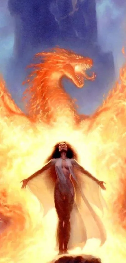 A fiery phoenix soaring high in fantasy art wallpaper.