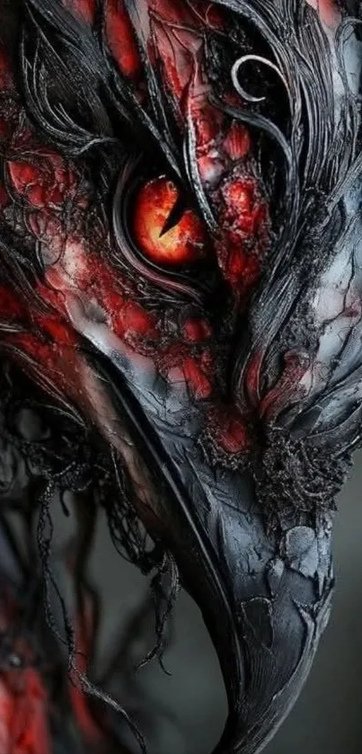 Fiery phoenix with intricate details, red and black tones.