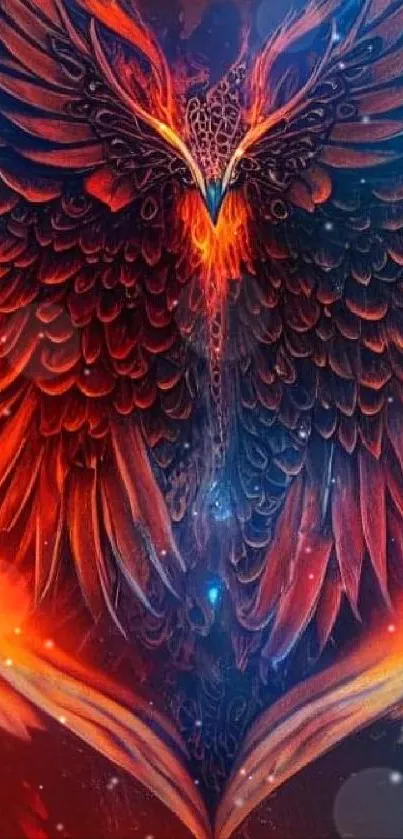 Fiery phoenix with orange and blue wings, symbolizing rebirth.