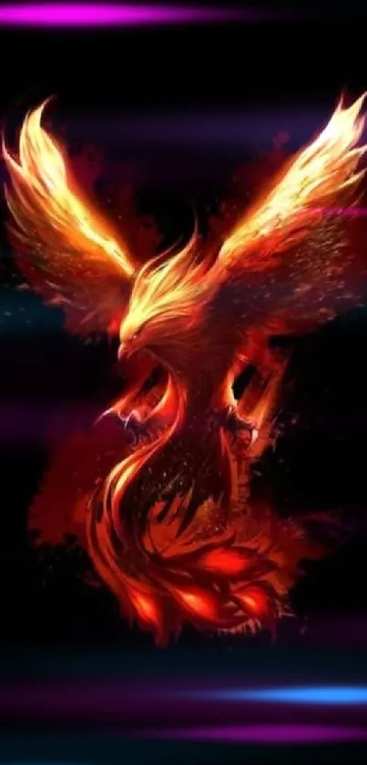 Vibrant fiery phoenix on black background.