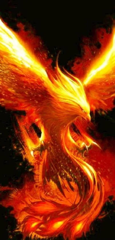 Dynamic phoenix with fiery orange wings against a dark background.