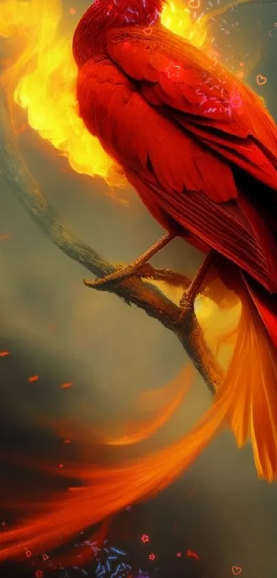 Vibrant flaming phoenix perched on a branch with fiery colors.