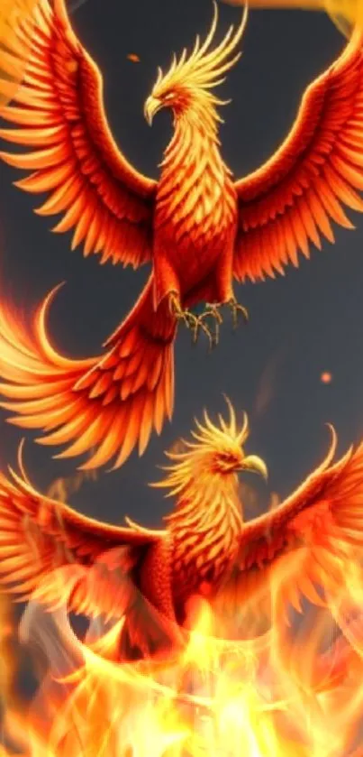 Vibrant orange phoenix bird in flames.