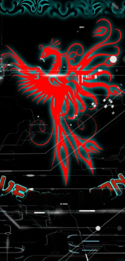 Red phoenix with teal accents mobile wallpaper, featuring vermilion text.