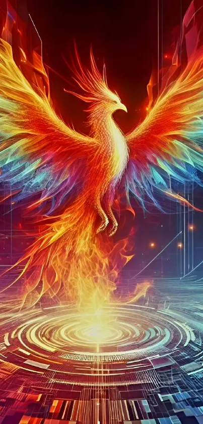 Fiery phoenix digital wallpaper with vibrant colors and futuristic elements.