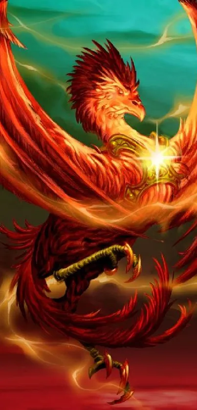 Fiery phoenix with glowing core and outstretched wings in a fantasy scene.