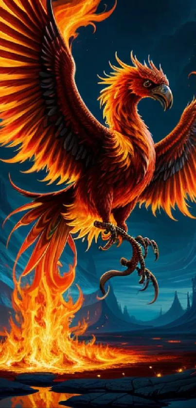 Phoenix rising from flames in fantasy art wallpaper.