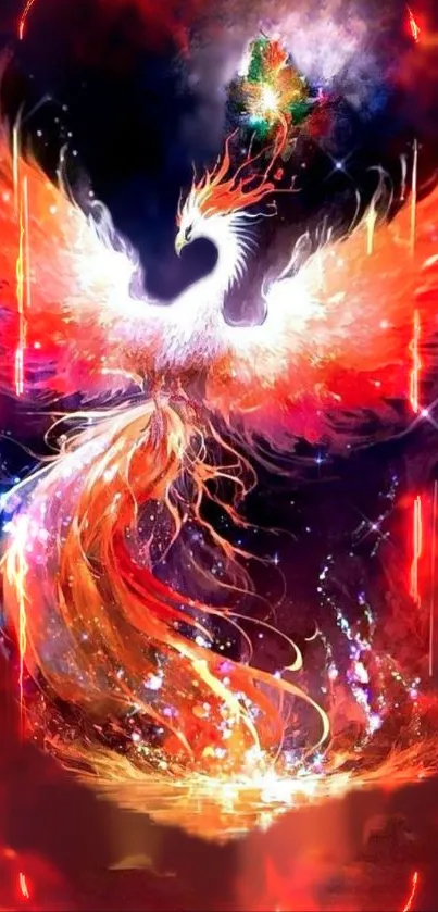 Fiery phoenix with blazing wings against a dark mystical background.