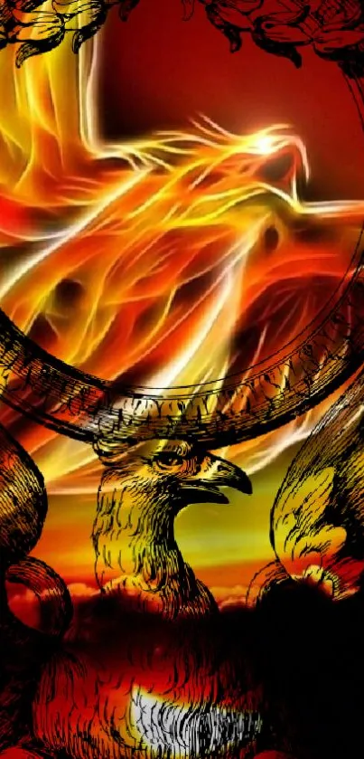 Vibrant phoenix in fiery colors, fantasy art wallpaper.