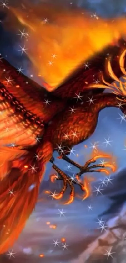 Fiery phoenix soaring with blazing wings and magical flames.