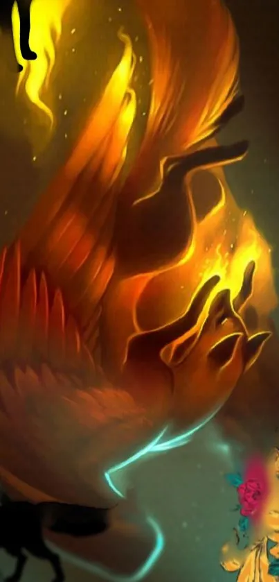 Fiery phoenix in glowing orange fantasy art scene.