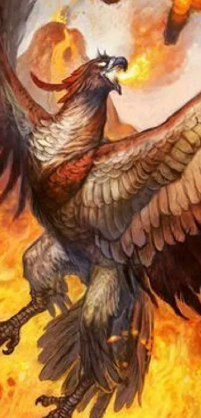 Fiery phoenix rising from flames in fantasy art mobile wallpaper.