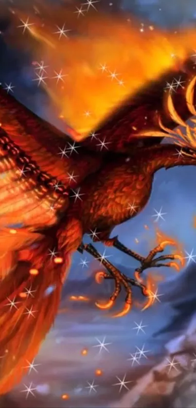 Fiery phoenix with bright orange flames and starry background.