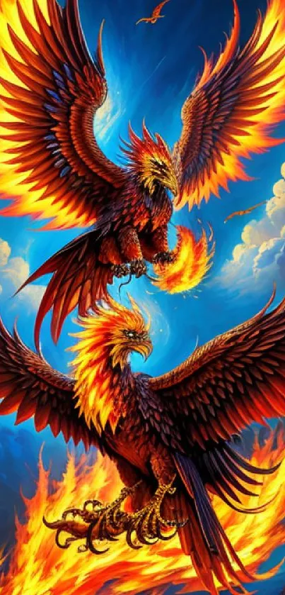 A fiery phoenix with burning wings in a vivid fantasy setting.