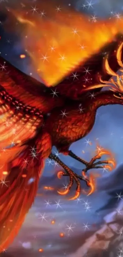 Fiery phoenix soaring in mystical sky, vibrant and magical wallpaper.