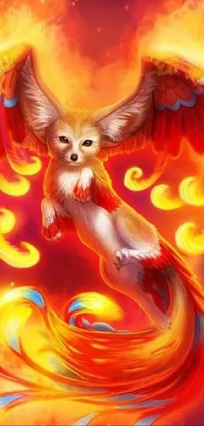 Phoenix fox with fiery wings in vibrant fantasy art.