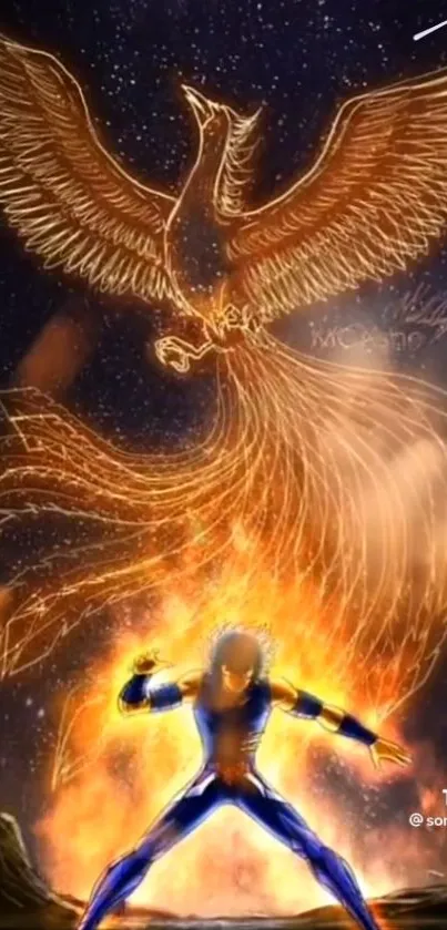 Hero and phoenix in a fiery cosmic background.