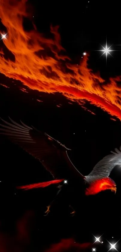 Fiery phoenix with blazing wings against a star-filled night sky.