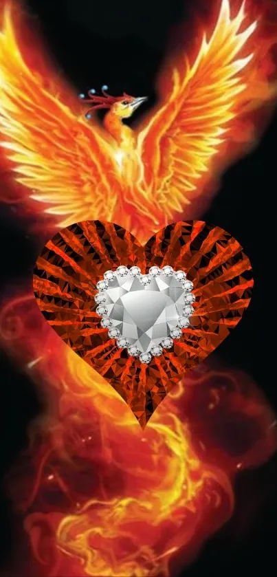 Vibrant phoenix and heart jewel on fiery background.