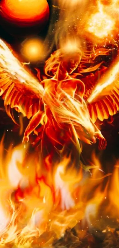 Fiery phoenix with wings in a cosmic, celestial scene.