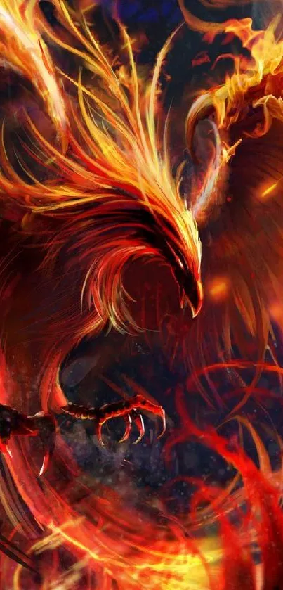 Fiery phoenix in vibrant flames wallpaper.