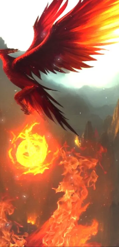 Fiery phoenix soaring over flame-draped mountains.