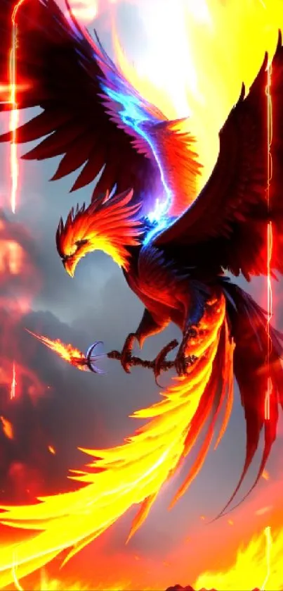 Vibrant phoenix with fiery wings against a dramatic sky.