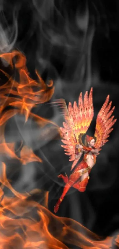 Fiery phoenix with orange flames on black background.