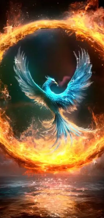 Fiery phoenix surrounded by flames in a magical scene.