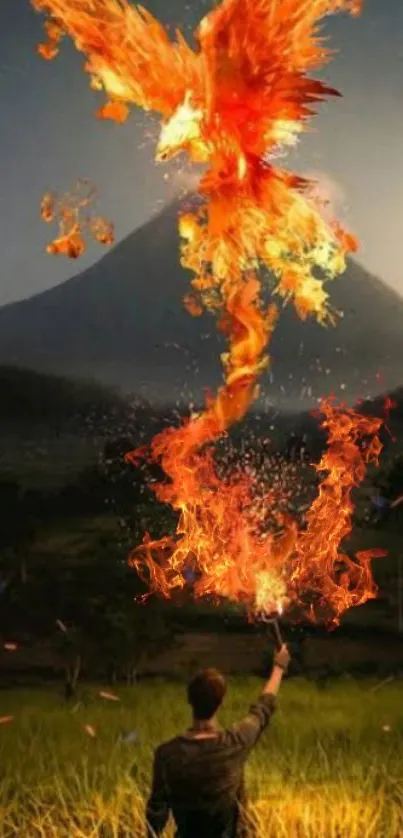 A fierce phoenix of fire rises against a scenic mountain backdrop.