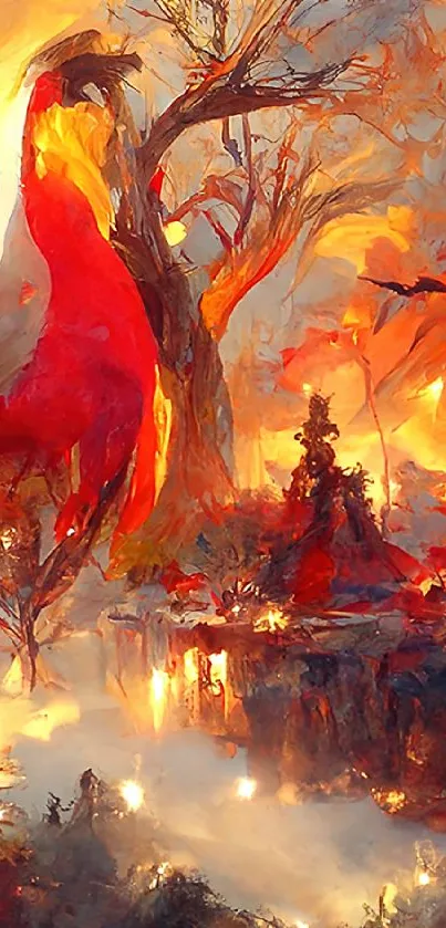 Phoenix soaring in fiery forest scene wallpaper.