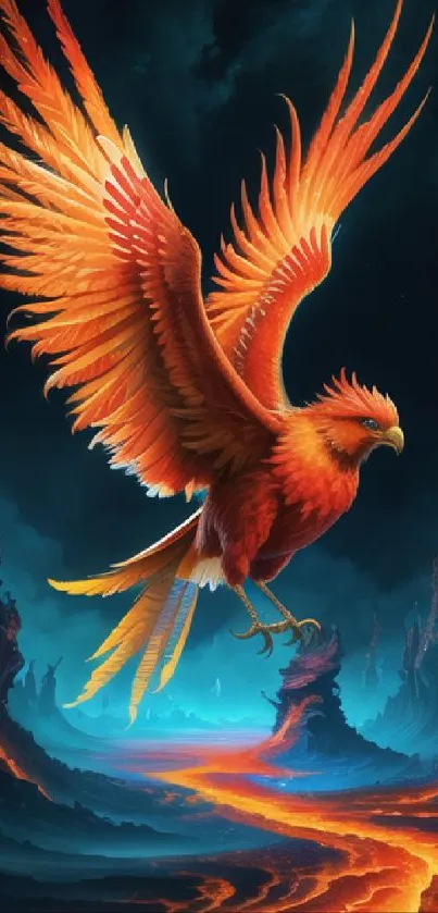 Vibrant phoenix soaring in a mystical, fiery landscape.