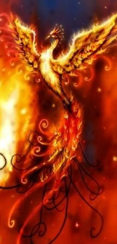 Fiery phoenix with blazing flames in a vibrant mobile wallpaper.