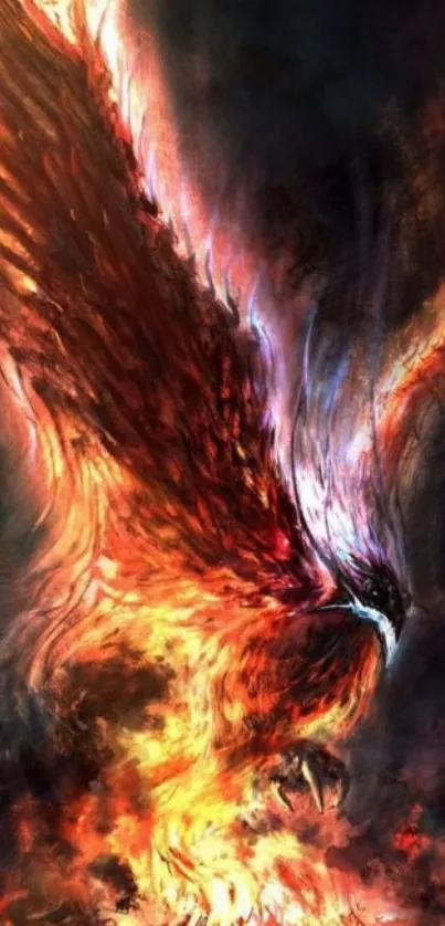 Fiery phoenix surrounded by vibrant flames.