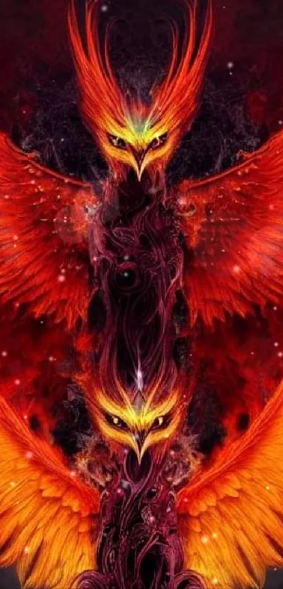 Fiery phoenix with vibrant orange wings and flames on a mobile wallpaper.