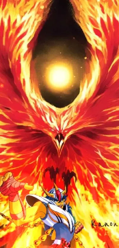 Animated fiery phoenix rising in vibrant colors.