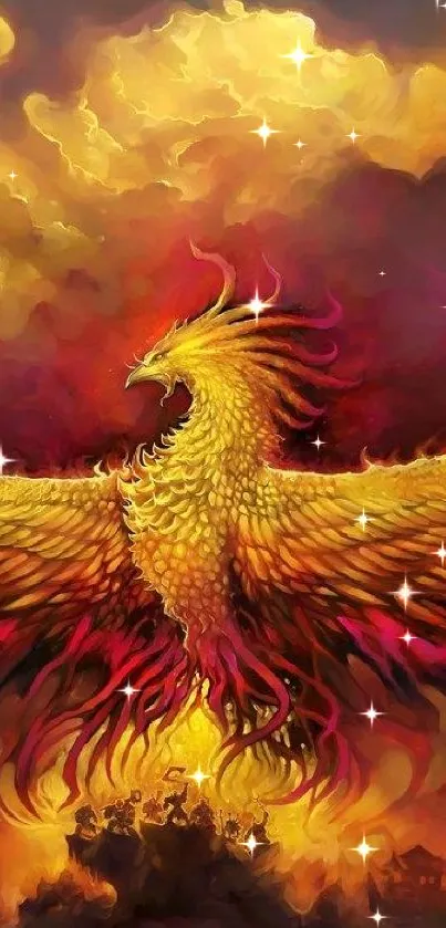 Vibrant fiery phoenix with golden flames wings.